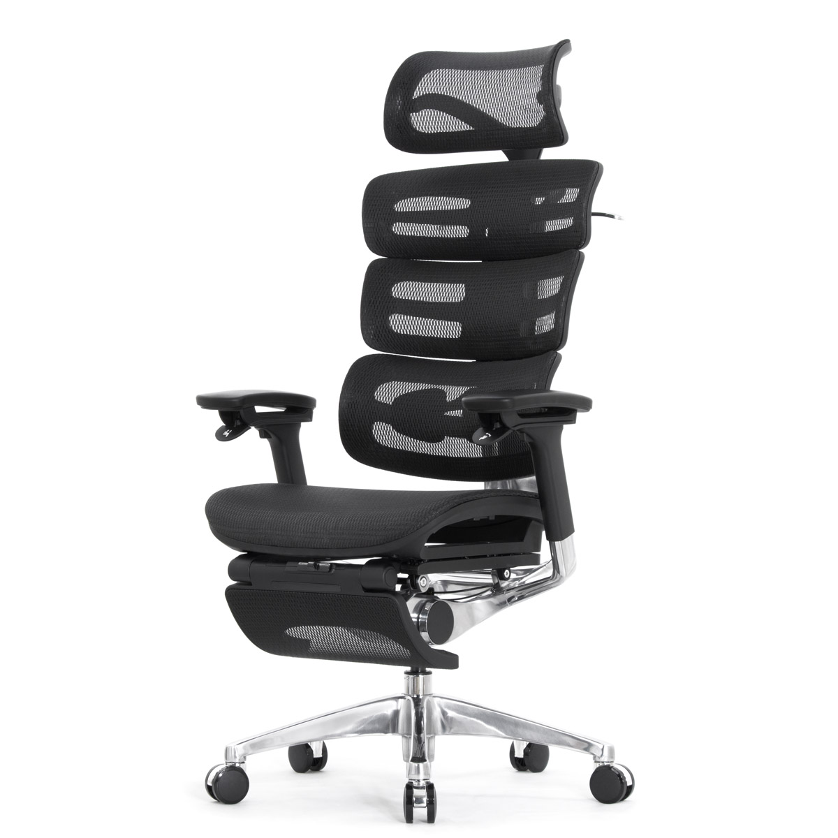 Эргономичное кресло Falto Evolution с подножкой (тихие вставки, управление на подлокотниках, сетка, чёрный)