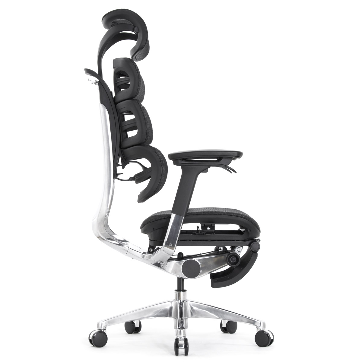 Эргономичное кресло Falto Evolution с подножкой (тихие вставки, управление на подлокотниках, сетка, чёрный)