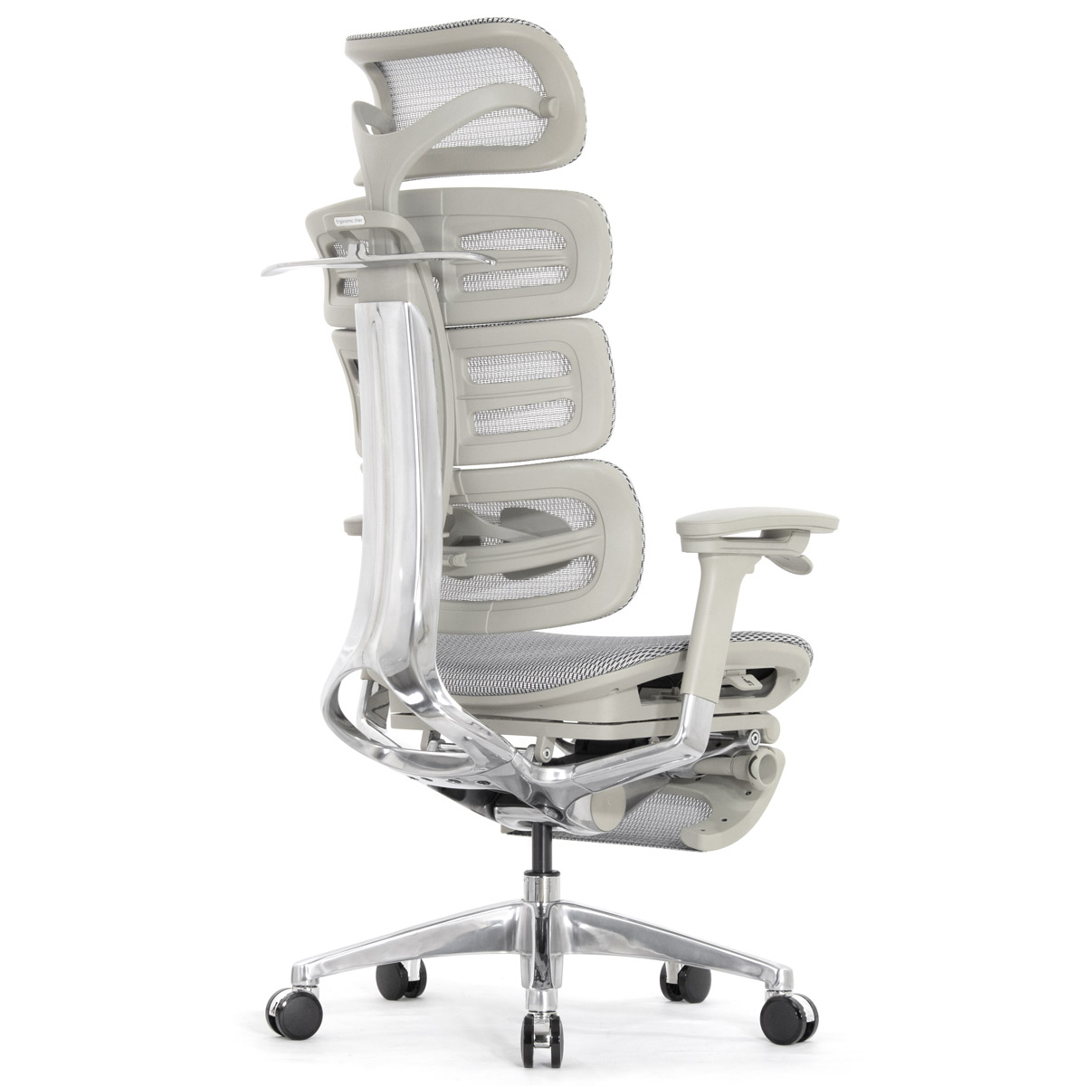 Эргономичное кресло Falto Evolution с подножкой (тихие вставки, управление на подлокотниках, сетка, серый)