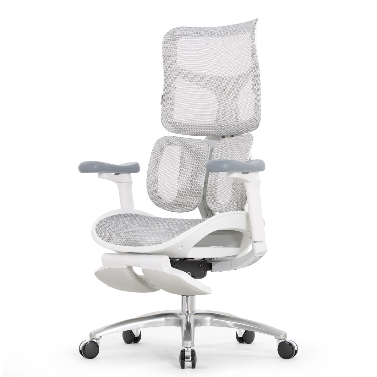 Эргономичное кресло Falto Scala Office с подножкой (разделённый поясничный упор, сетка, каркас белый, серый)
